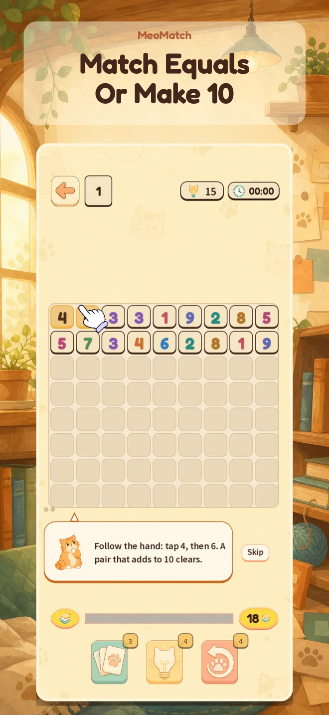 MeoMatch tutorial showing that 4 and 6 make 10